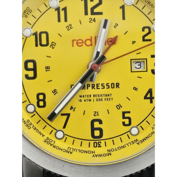 Mens Redline Compressor World Time YELLOW DIAL Quartz Watch New Battery Rare - Picture 2 of 10